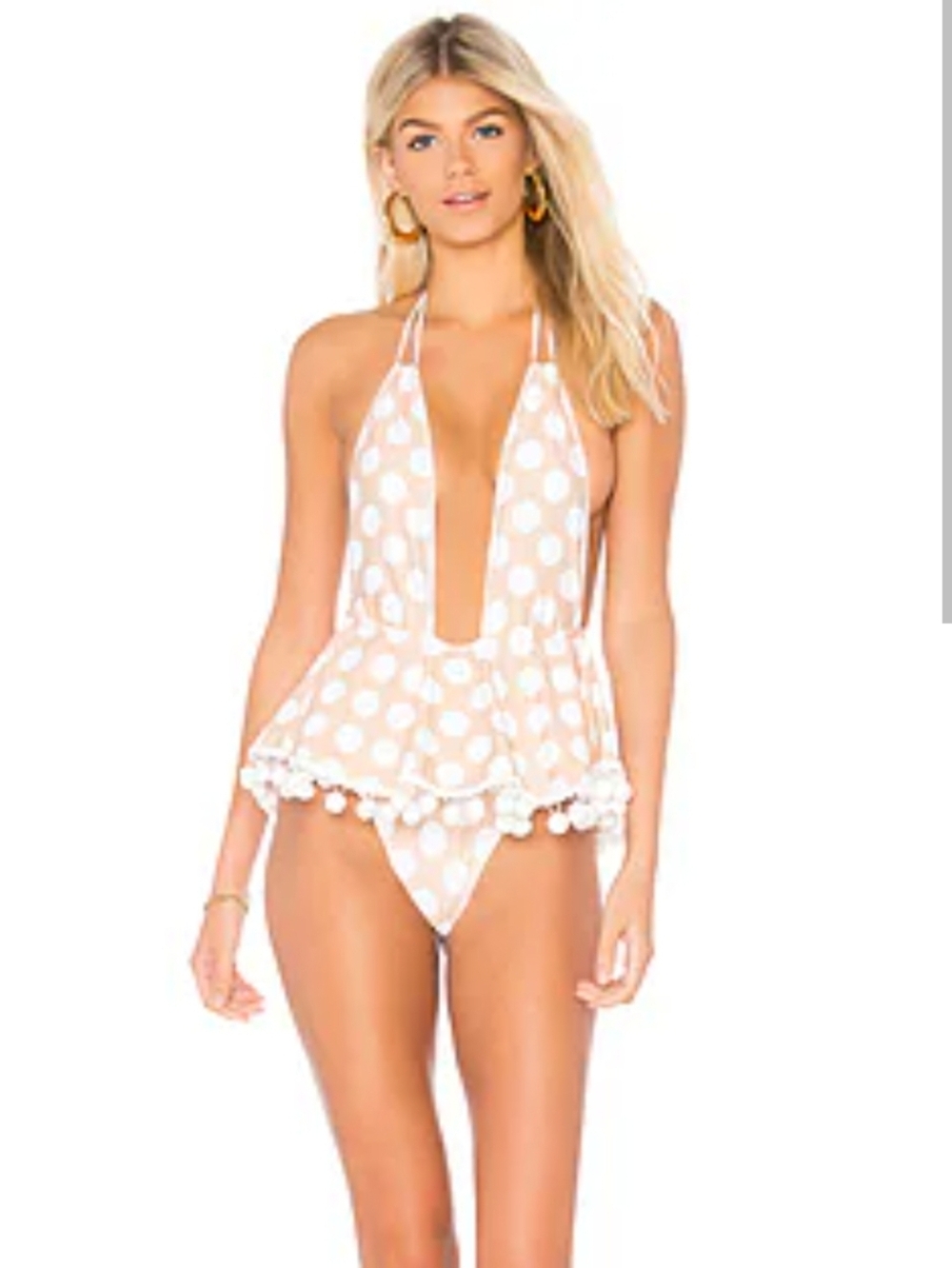 Polka Dot Beige & White Ruffle One-Piece Swimsuit XS NWT